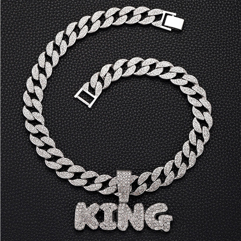 Full Diamond King Football Pendant Necklace With 20in Cuban Link Chain, 13mm Width