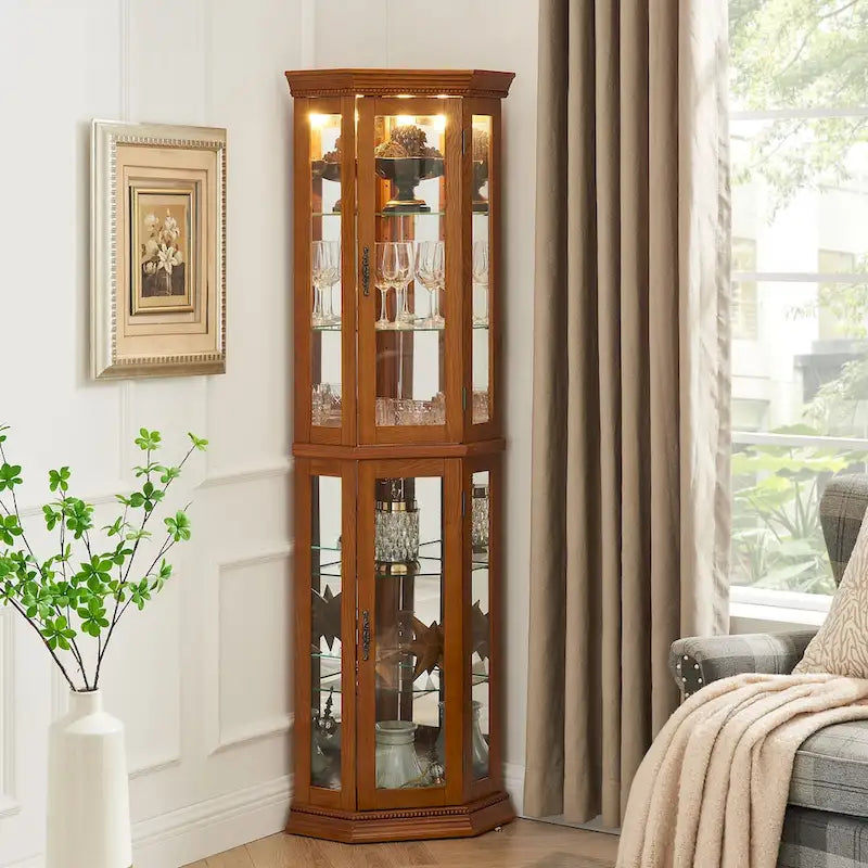 Corner Curio Display Cabinet With Lights, Mirrored Back And 6 Tempered Glass Shelves