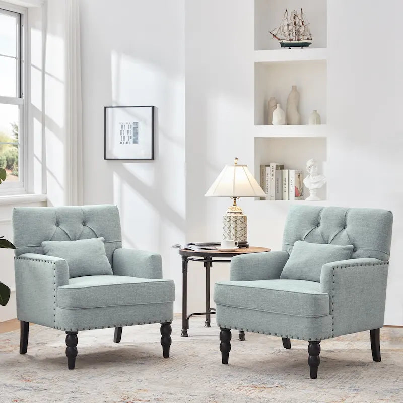 Set Of 2 Upholstered Button-Tufted Accent Chairs With Lumbar Pillows - 30 x 29 x 35 inches
