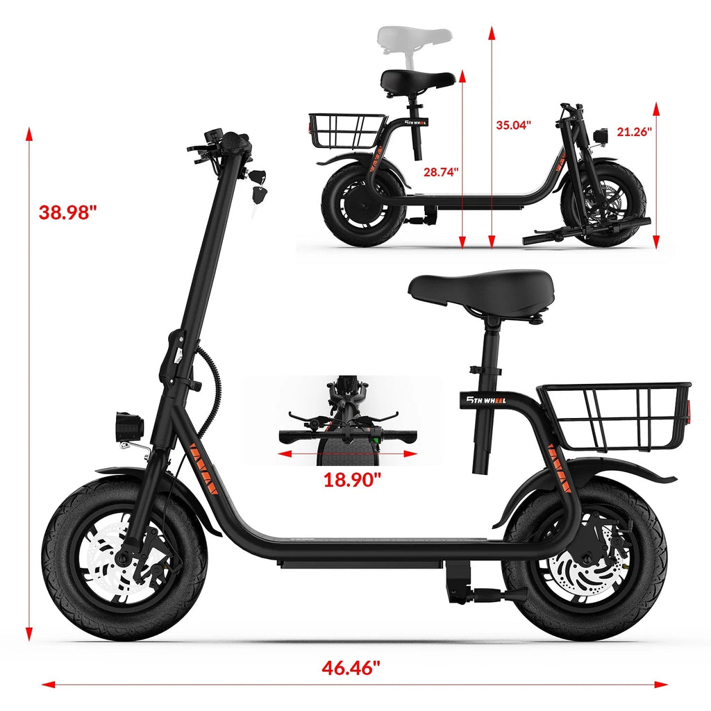 5TH WHEEL Electric Scooter With Seat And Carry Basket, 450W, 36V, 20-Mile Range, 15.5 Mph, 12 Inch - W18S