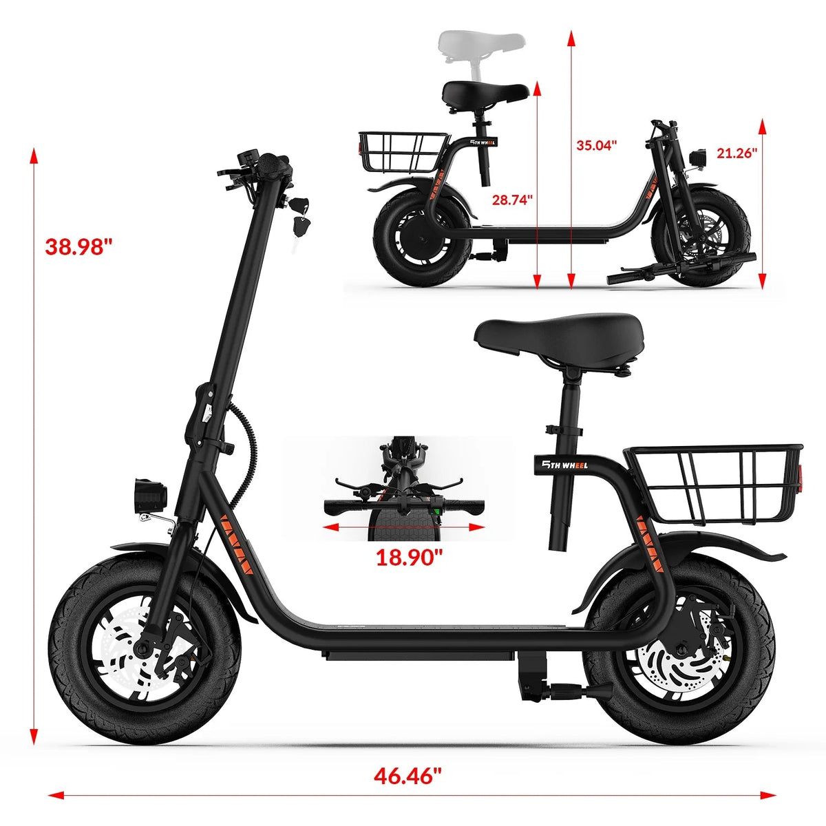 5TH WHEEL Electric Scooter With Seat And Carry Basket, 450W, 36V, 20-Mile Range, 15.5 Mph, 12 Inch - W18S