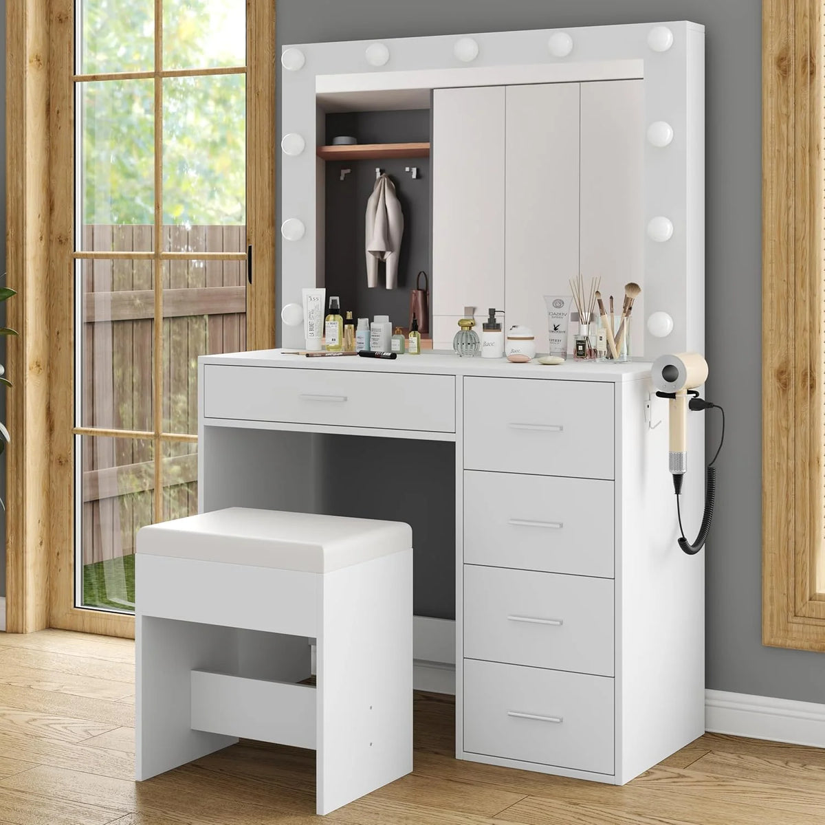 Makeup Vanity Desk With Lighting Mirror, Power Outlet, 37in W, 5 Drawers, Black