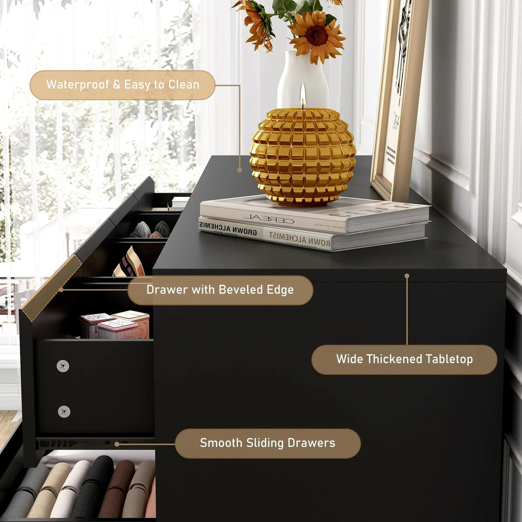 ChVans 9-Drawer Dresser With Charging Station, Black, 63in x 15.7in x 31.5in