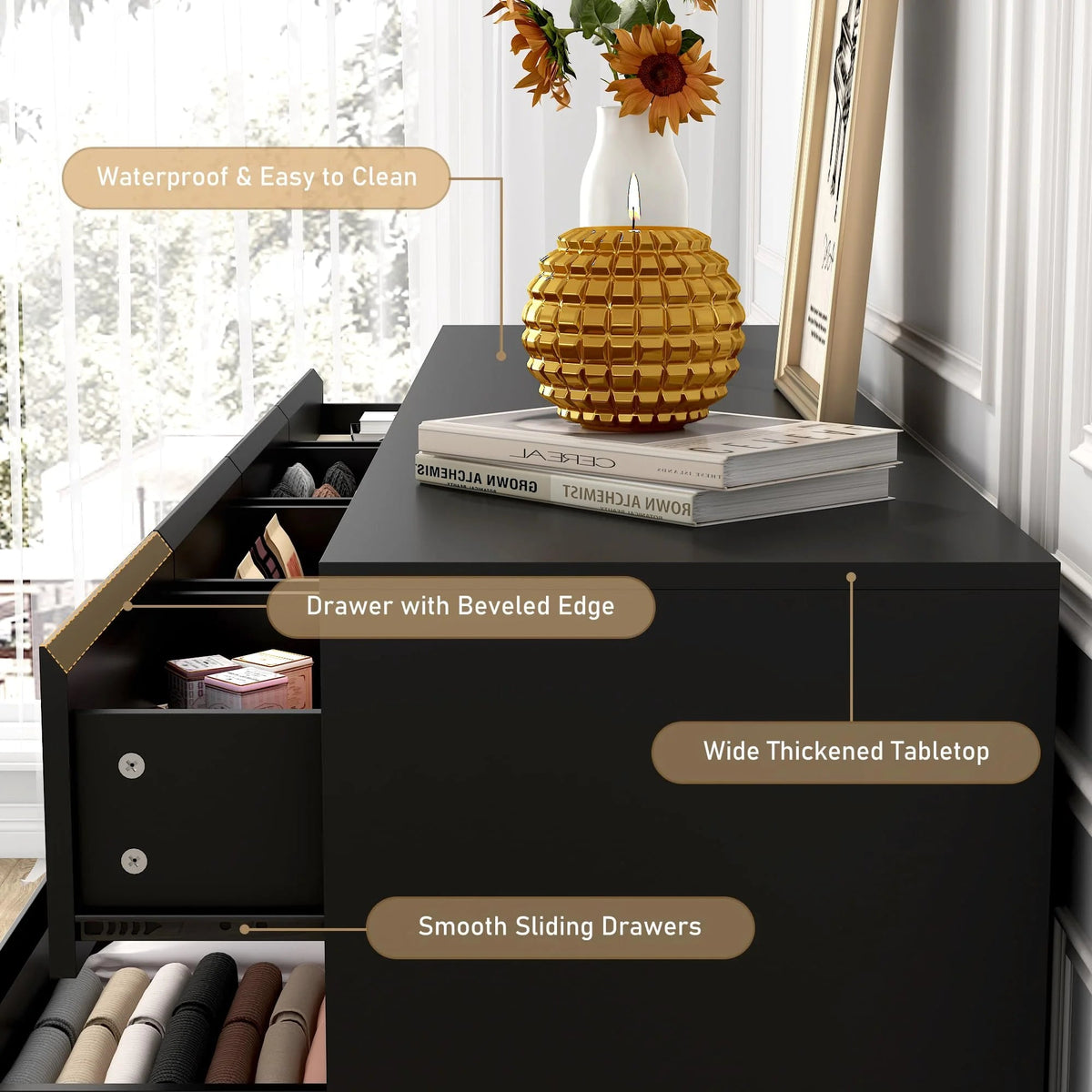 ChVans 9-Drawer Dresser With Charging Station, Black, 63in x 15.7in x 31.5in