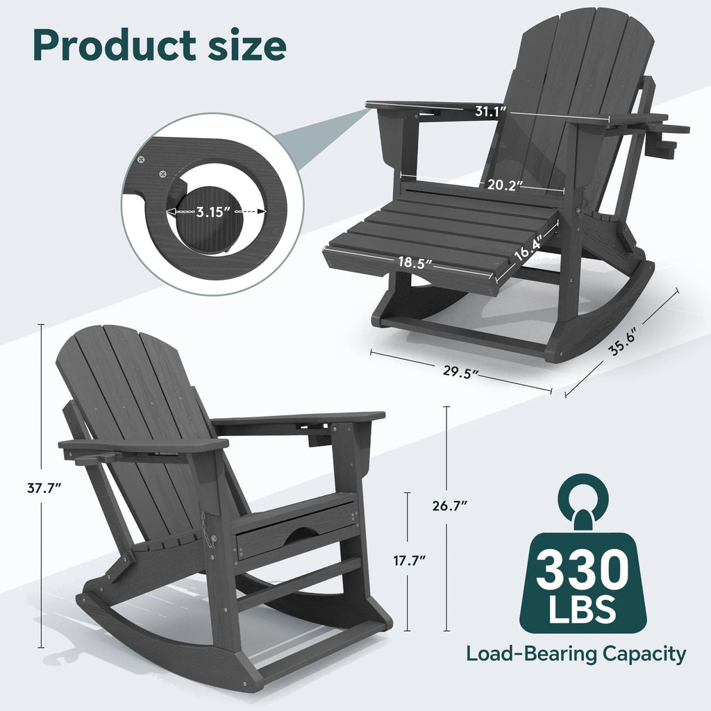 KINGYES Folding Adirondack Rocker Chair Set Of 2 With Footrest And Dual Cup Holders - Black
