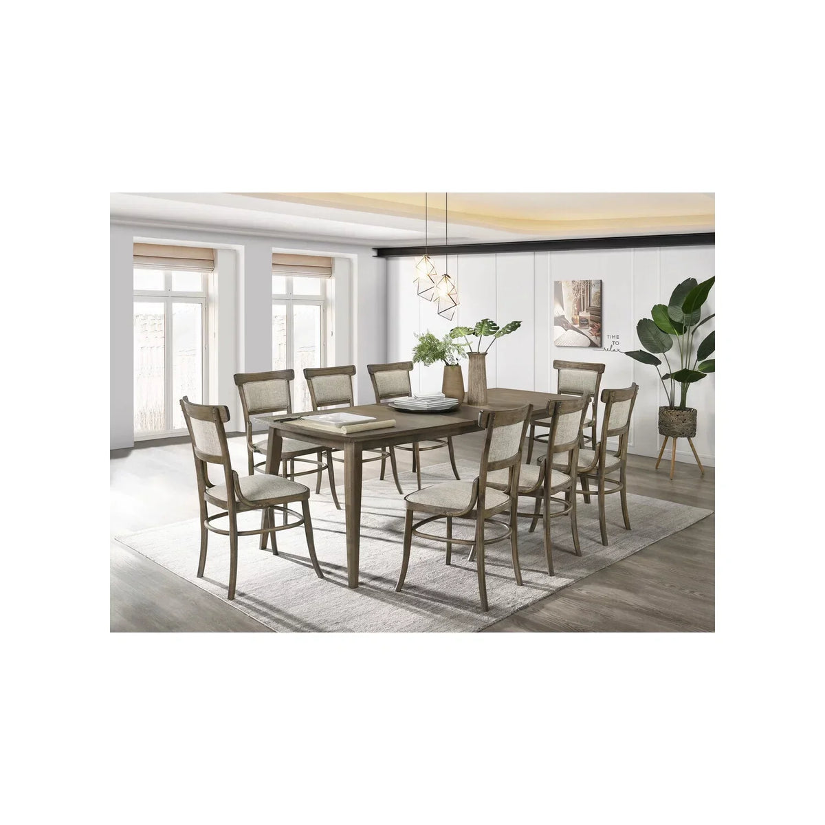 Homestock 9 Piece Walnut Dining Table Set With Extension Leaf And Off White Fabric Chairs - Nordic Haven