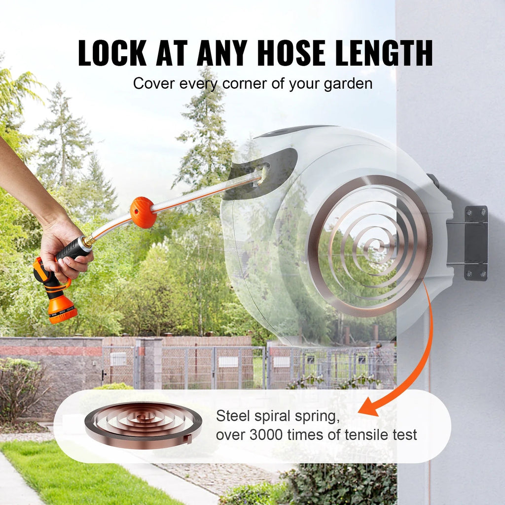 VEVOR Retractable Garden Hose Reel, 100 ft x 1/2 inch, Wall-Mounted With 9-Pattern Nozzle
