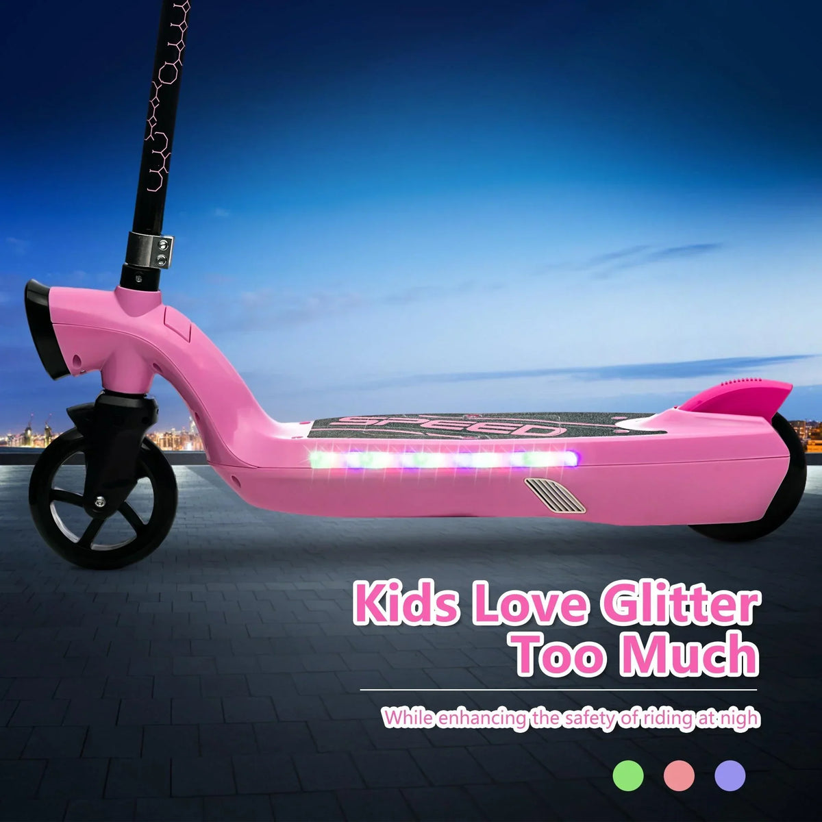 iRerts Kids Electric Scooter 12V 45W With Front Light, Rear Brake And Colorful Deck Light - Pink
