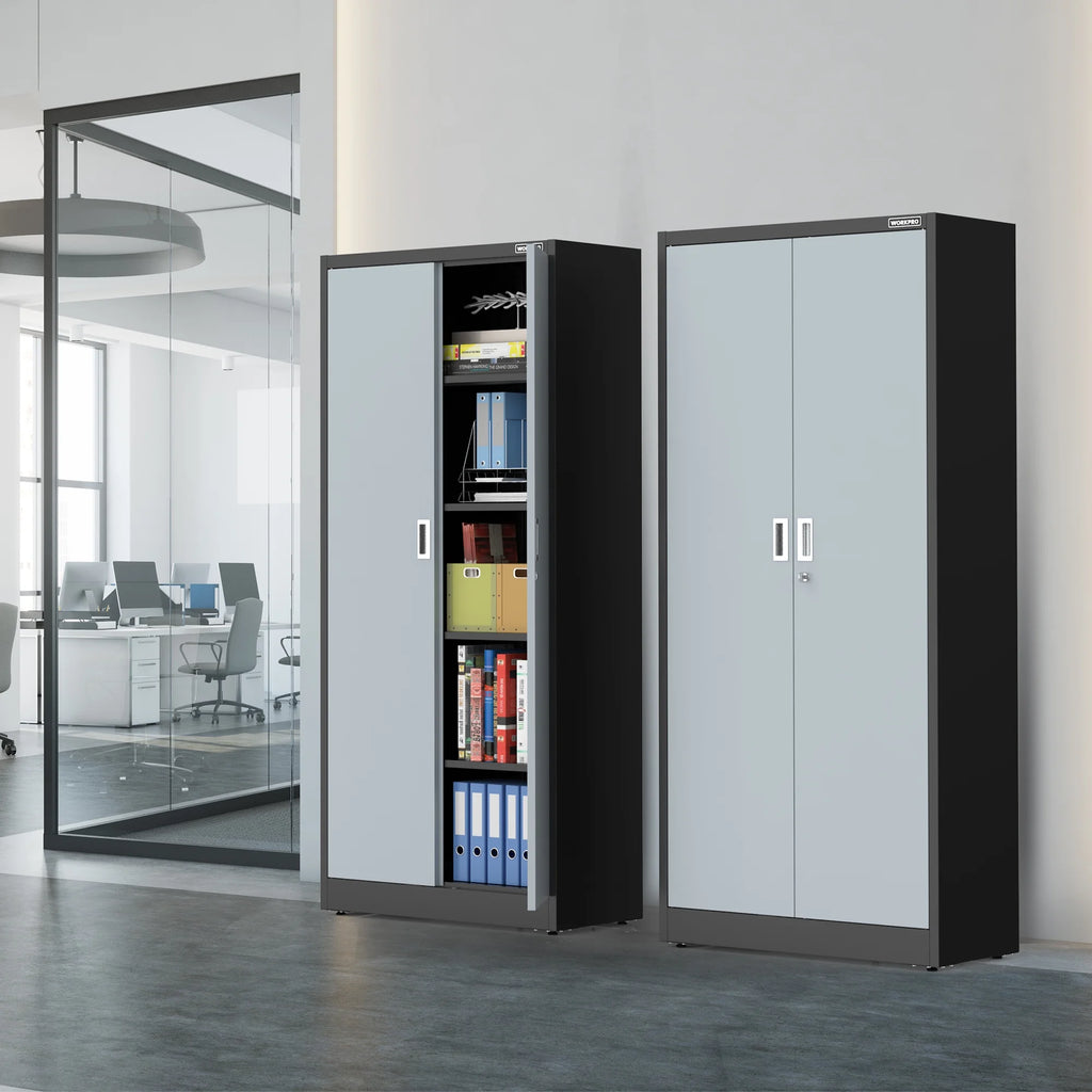 WORKPRO Metal Storage Cabinet With Locking Doors, Adjustable Shelves, Black, 71 Inches Tall - 31-1/2 x 15-3/4 Inch