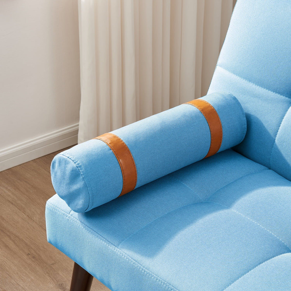 Blue Linen Convertible Futon Sofa Bed With Solid Wood Legs - 65.7in L x 32.2in W x 30in H