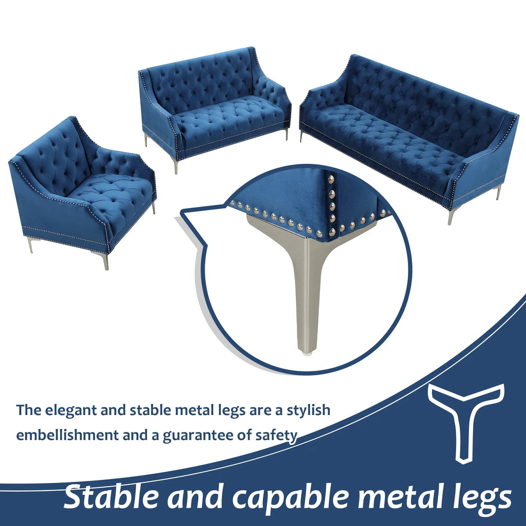78 inch Dutch Plush Upholstered Chesterfield Sofa With Metal Legs, Button Tufted Back, Blue