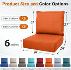 Belord Outdoor Cushion Set - 5 24 x 24 x 6 Inch Seat Cushions And 5 21 x 24 x 6 Inch Back Cushions, Orange