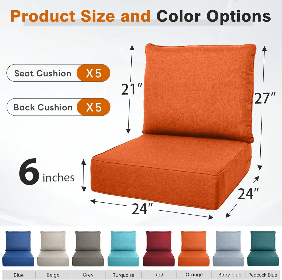Belord Outdoor Cushion Set - 5 24 x 24 x 6 Inch Seat Cushions And 5 21 x 24 x 6 Inch Back Cushions, Orange