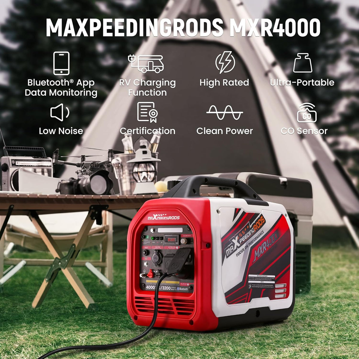 maXpeedingrods 4000 Peak Watt 3200 Running Watt Portable Gas Inverter Generator With Bluetooth App, RV Ready, CO Alarm - MXR4000