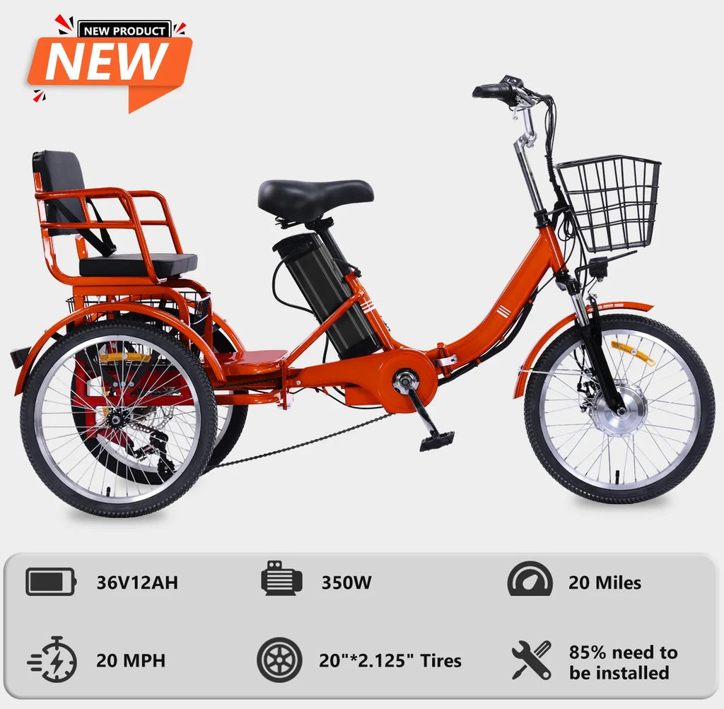 NOMIGO Folding Electric Tricycle for Adults, 3 Wheel, 350W, 48V13AH Lithium Battery, Orange