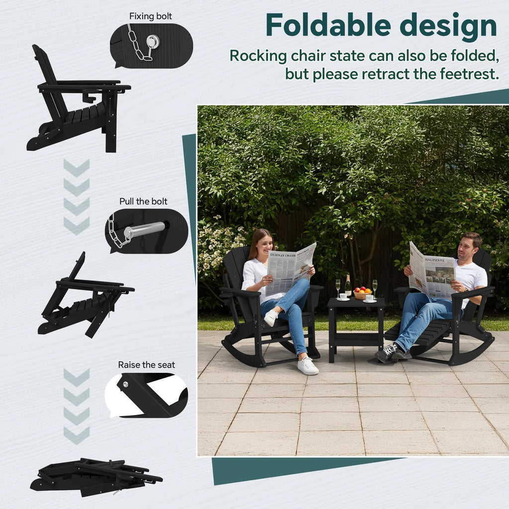 KINGYES Folding Adirondack Rocker Chair Set Of 2 With Footrest And Dual Cup Holders - Black