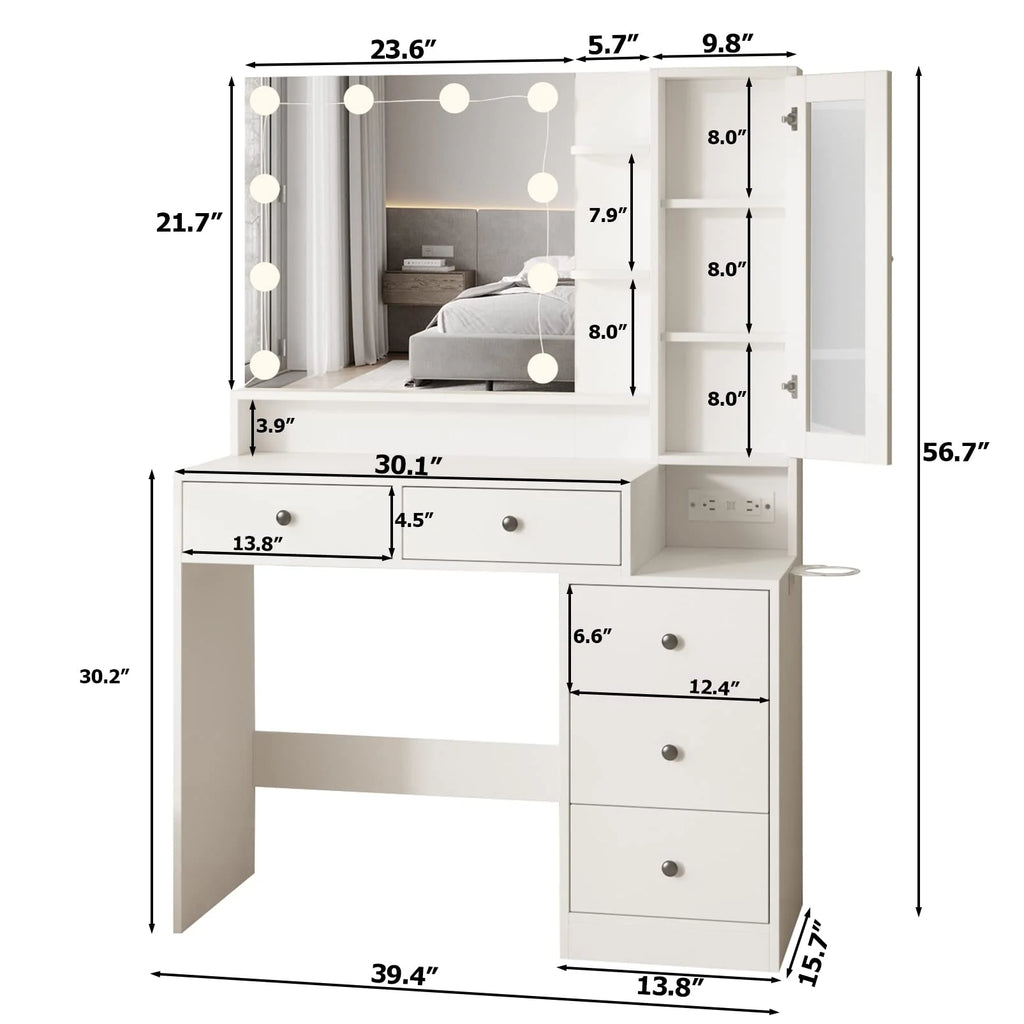 VEANERWOOD Makeup Vanity Desk With Lighted Mirror, Power Strip, 5 Drawers, White - 39.4in x 15.7in x 56.7in