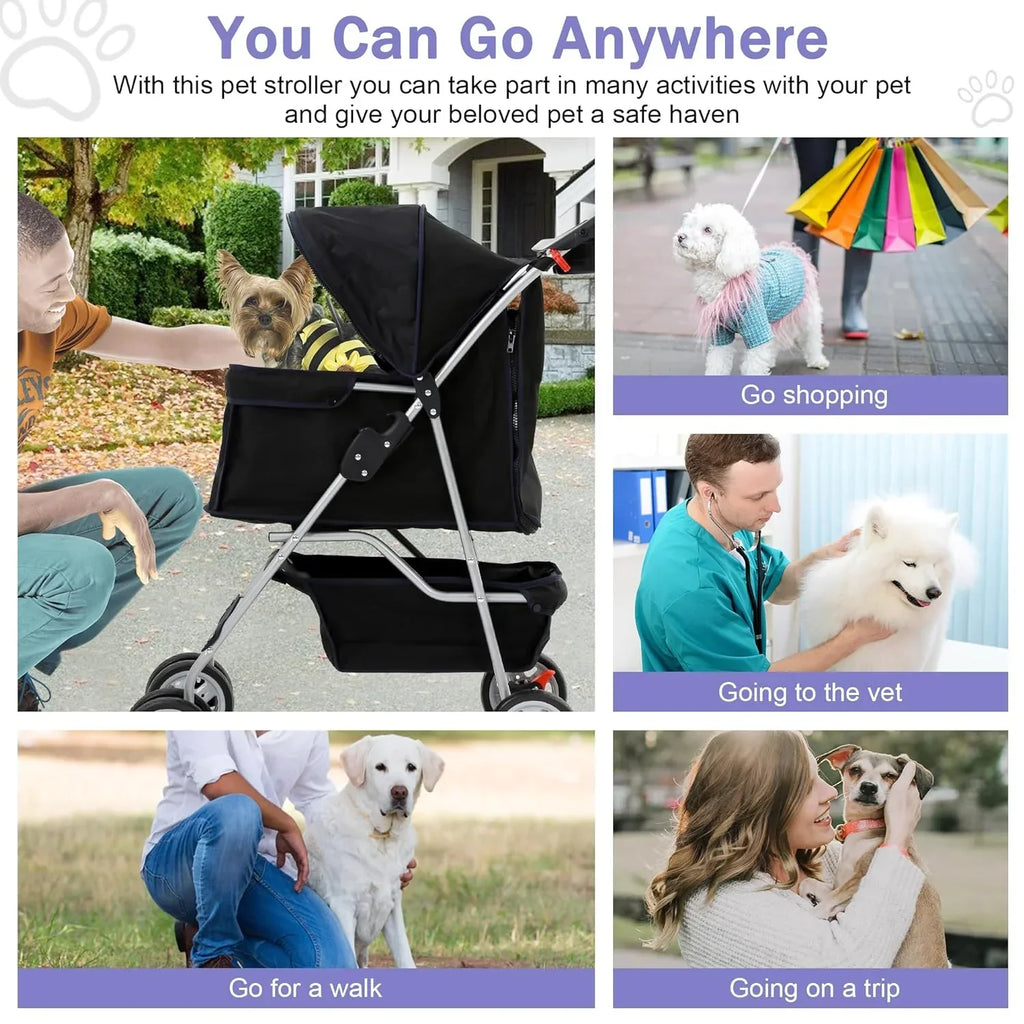 Folding Pet Stroller With 4 Wheels, Cup Holder And Storage Basket, Black