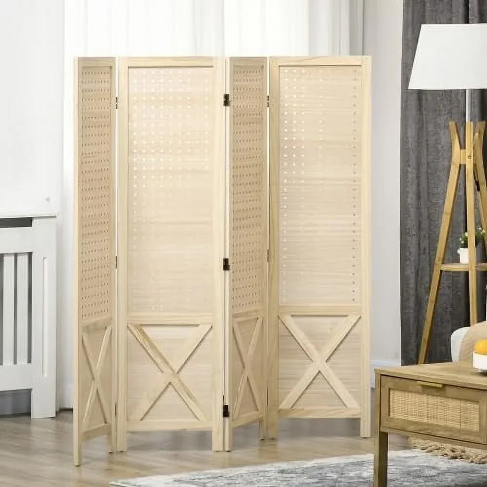 CHFBC 4-Panel Pegboard Room Divider 4.7' Tall Natural