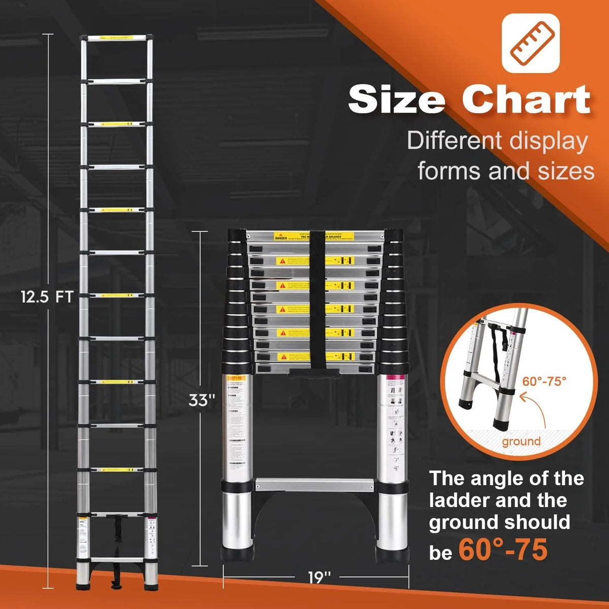 HBTower Telescoping Extension Ladder, Aluminum, 12.5 FT, 330 lbs Capacity, 2 Triangle Stabilizers
