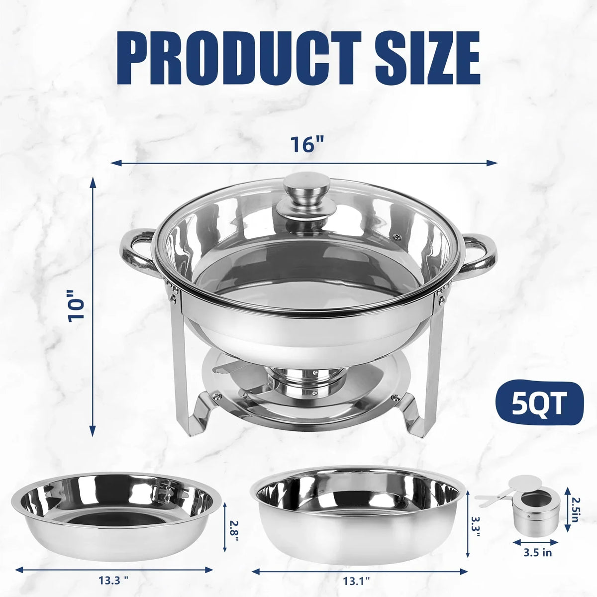 IMACONE 5QT Stainless Steel Round Chafing Dish Buffet Set, 2-Pack With Glass Lid
