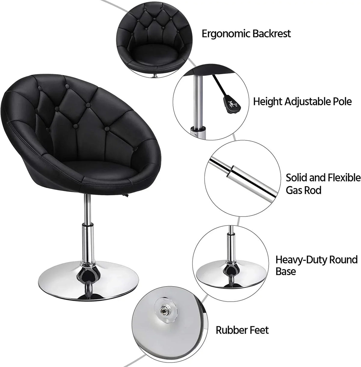 HOMEZY Tufted Swivel Vanity Chair, Black - Height Adjustable, 360-Degree