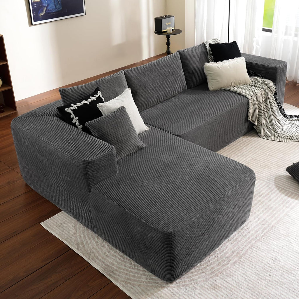 ovios 104in L-Shape Sectional Sofa With Chaise, Grey Plush Corduroy Fabric