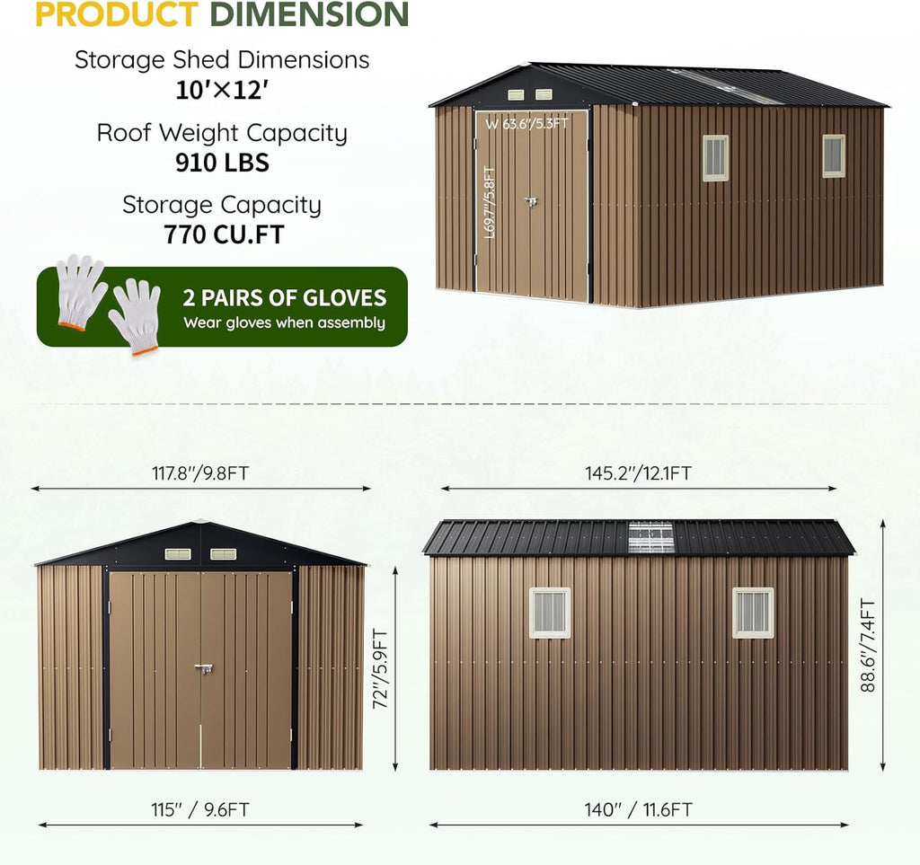 Breezz Outdoor Metal Storage Shed 10 x 12ft Brown - Lockable Doors And Windows