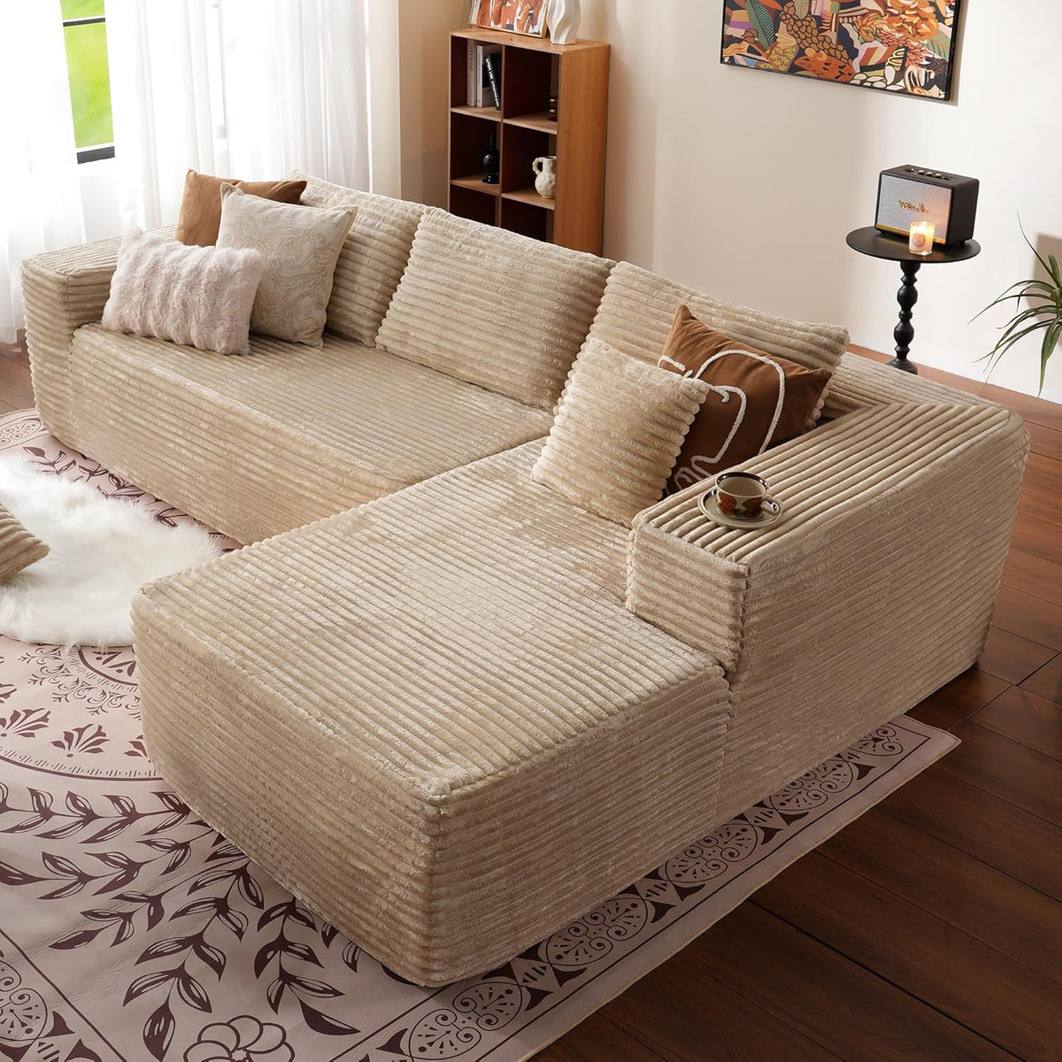 ovios 104in L-Shape Sectional Sofa With Chaise, Grey Plush Corduroy Fabric