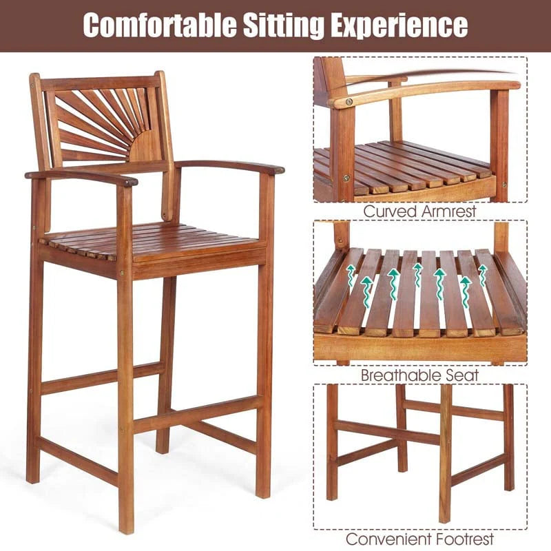 2-Pack Acacia Wood Outdoor Patio Bar Stools, Natural, 29in Seat Height - Sunflower Backrest