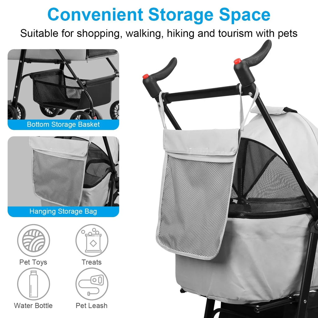 iMounTEK 4-Wheel Foldable Pet Stroller With Removable Liner And Storage Basket - Gray