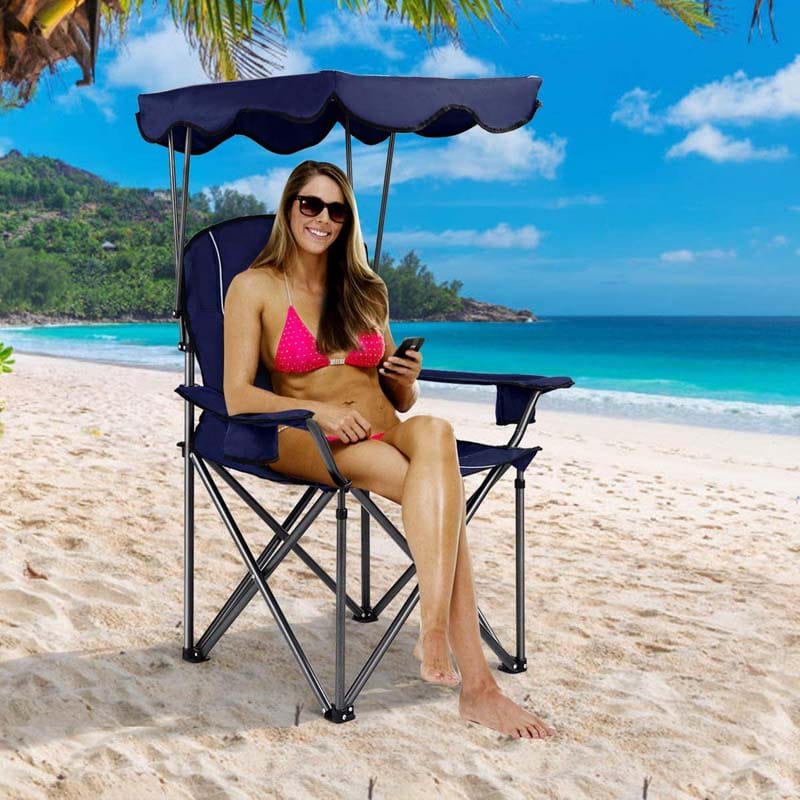 Outdoor Canopy Folding Beach Chair With 2 Cup Holders, 600D PVC Fabric - 38in x 26.5in x 51in