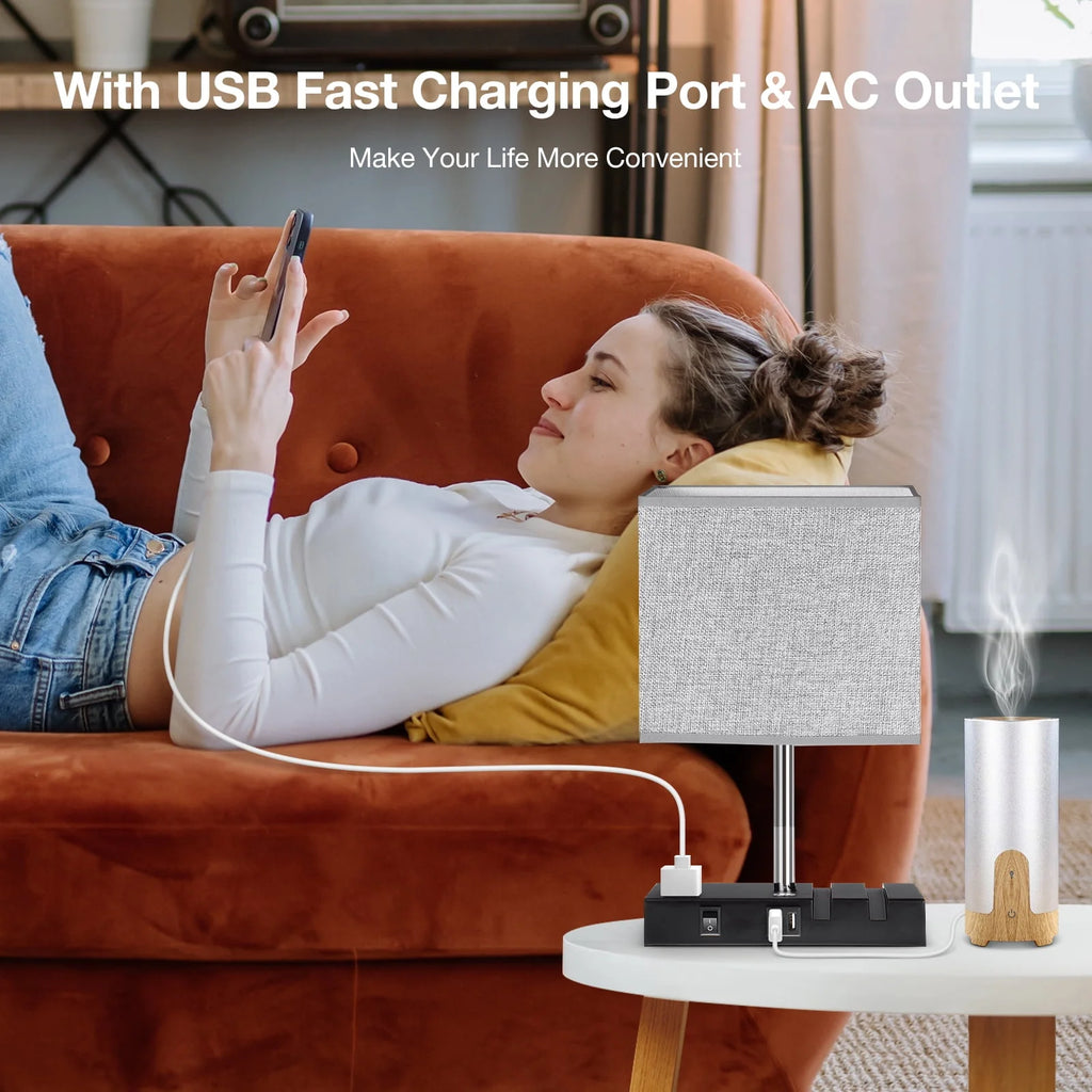 Touch Control Table Lamp With 2 USB Ports, 1 AC Outlet, 2 Phone Stands, Black Wooden Base And Grey Shade