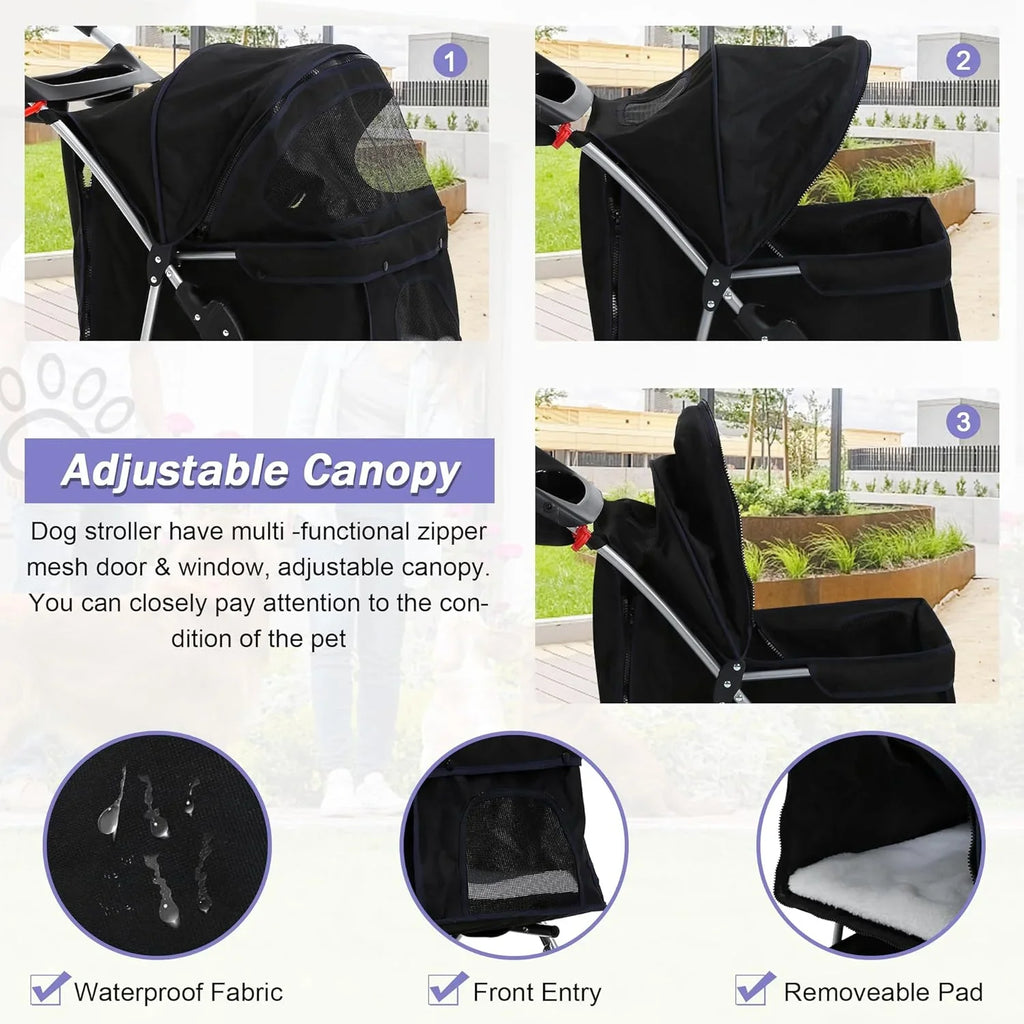 Folding Pet Stroller With 4 Wheels, Cup Holder And Storage Basket, Black