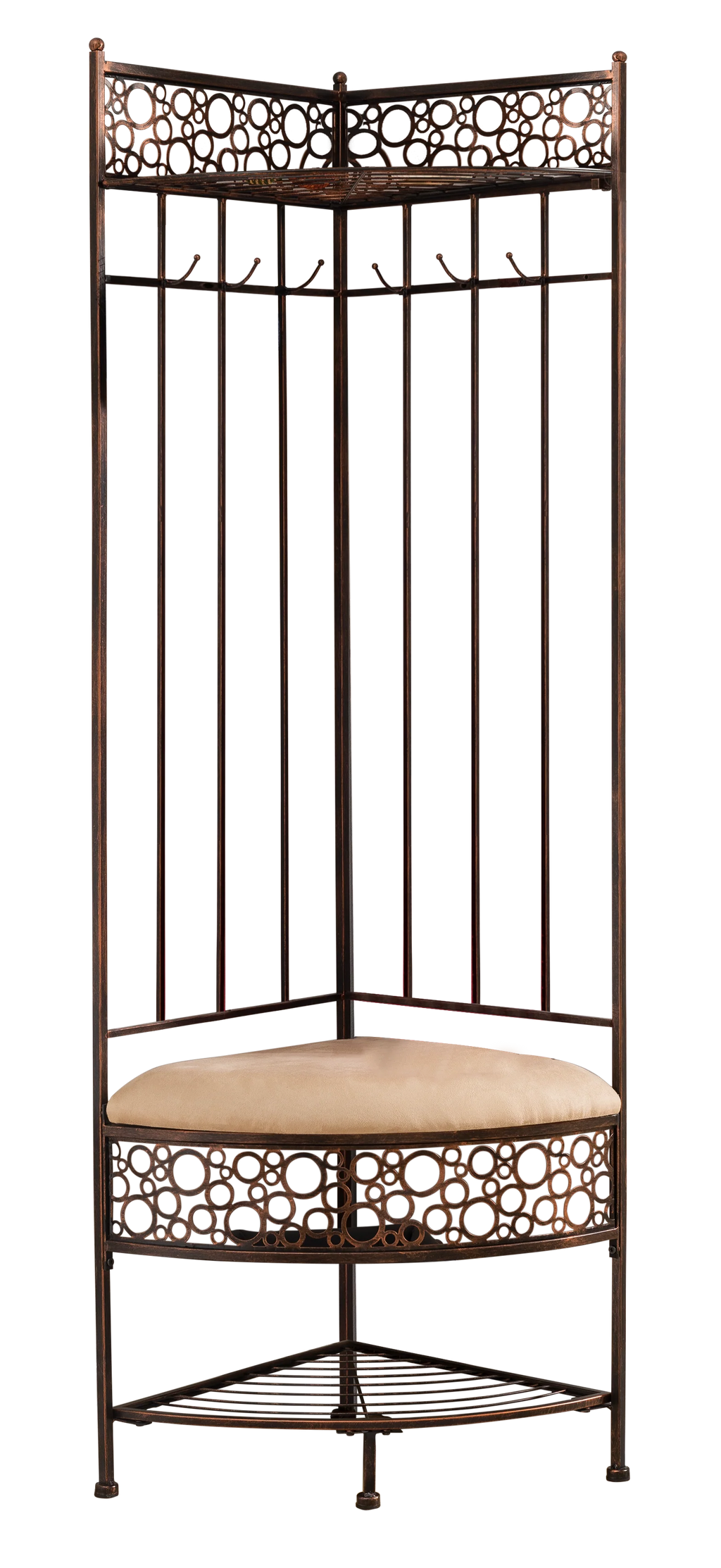 Crespin 6-Hook Corner Hall Tree With Bench And Shoe Storage, Brushed Copper Metal