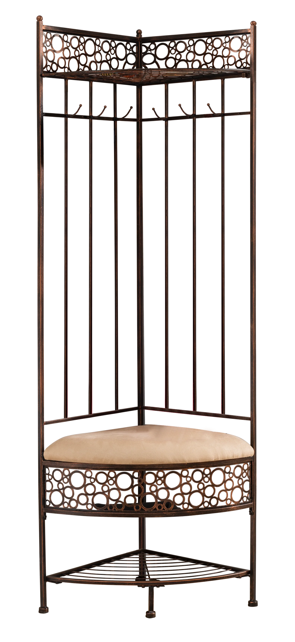 Crespin 6-Hook Corner Hall Tree With Bench And Shoe Storage, Brushed Copper Metal