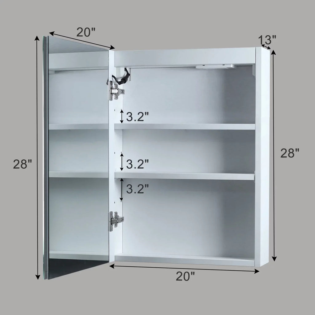 LED Bathroom Wall Cabinet With Single Door Mirror, White, 28*20in