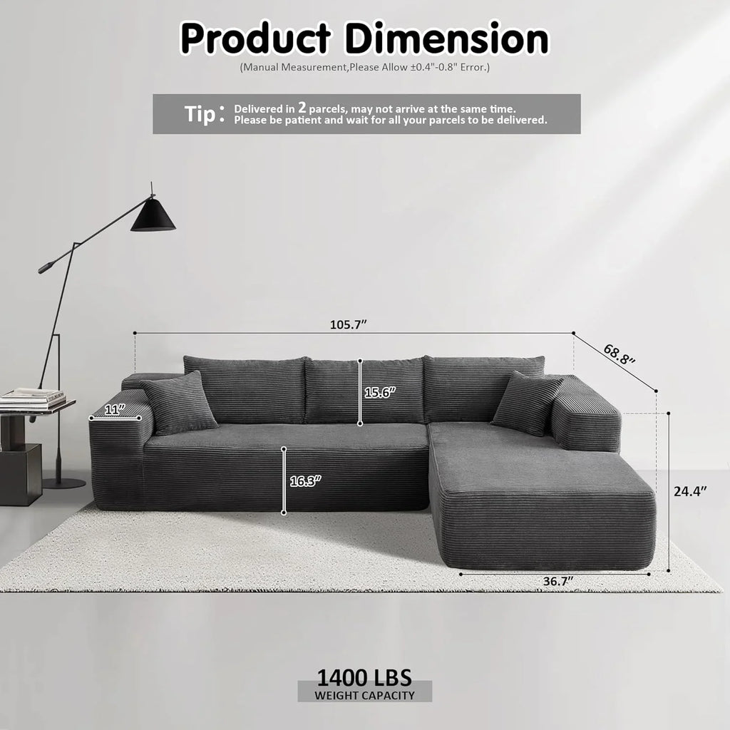 ovios 104in L-Shape Sectional Sofa With Chaise, Grey Plush Corduroy Fabric