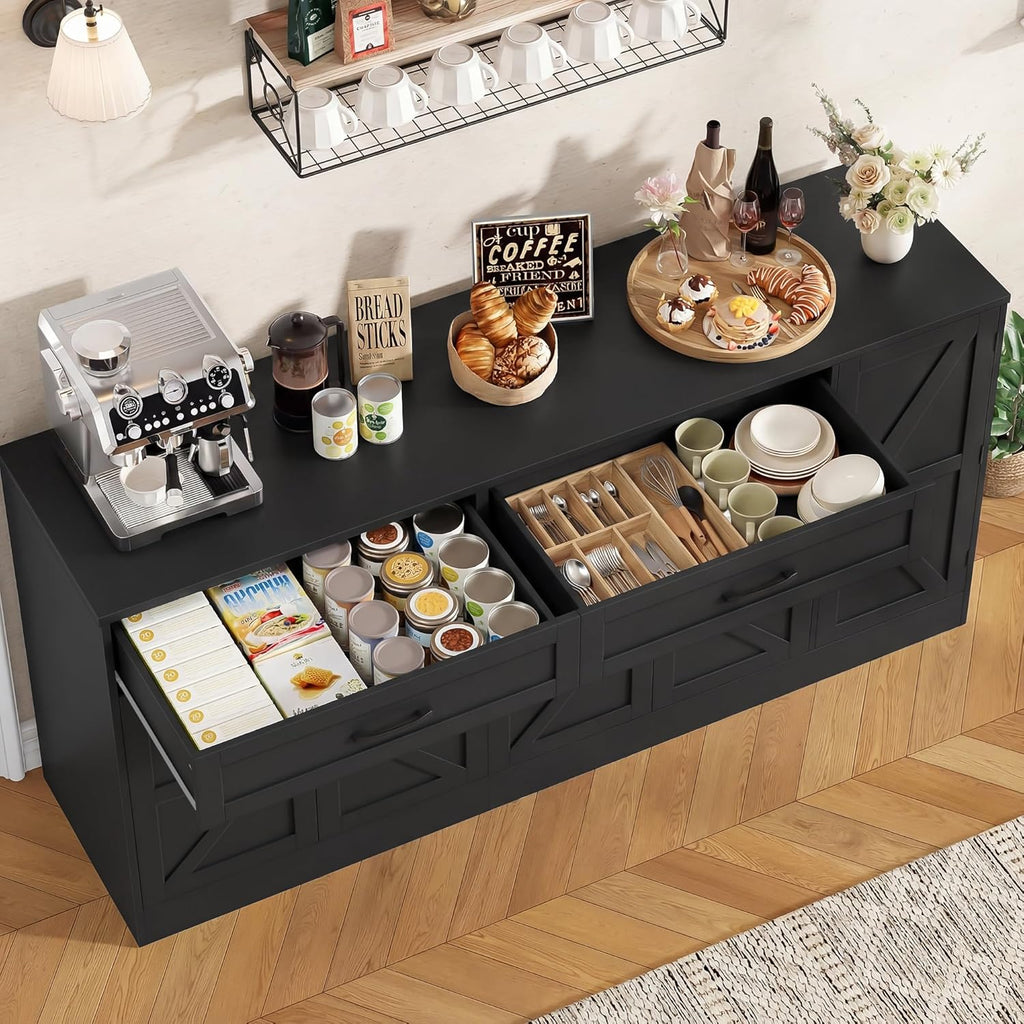 71 Inch Farmhouse Sideboard Buffet Cabinet With Adjustable Shelves And 2 Drawers - Black