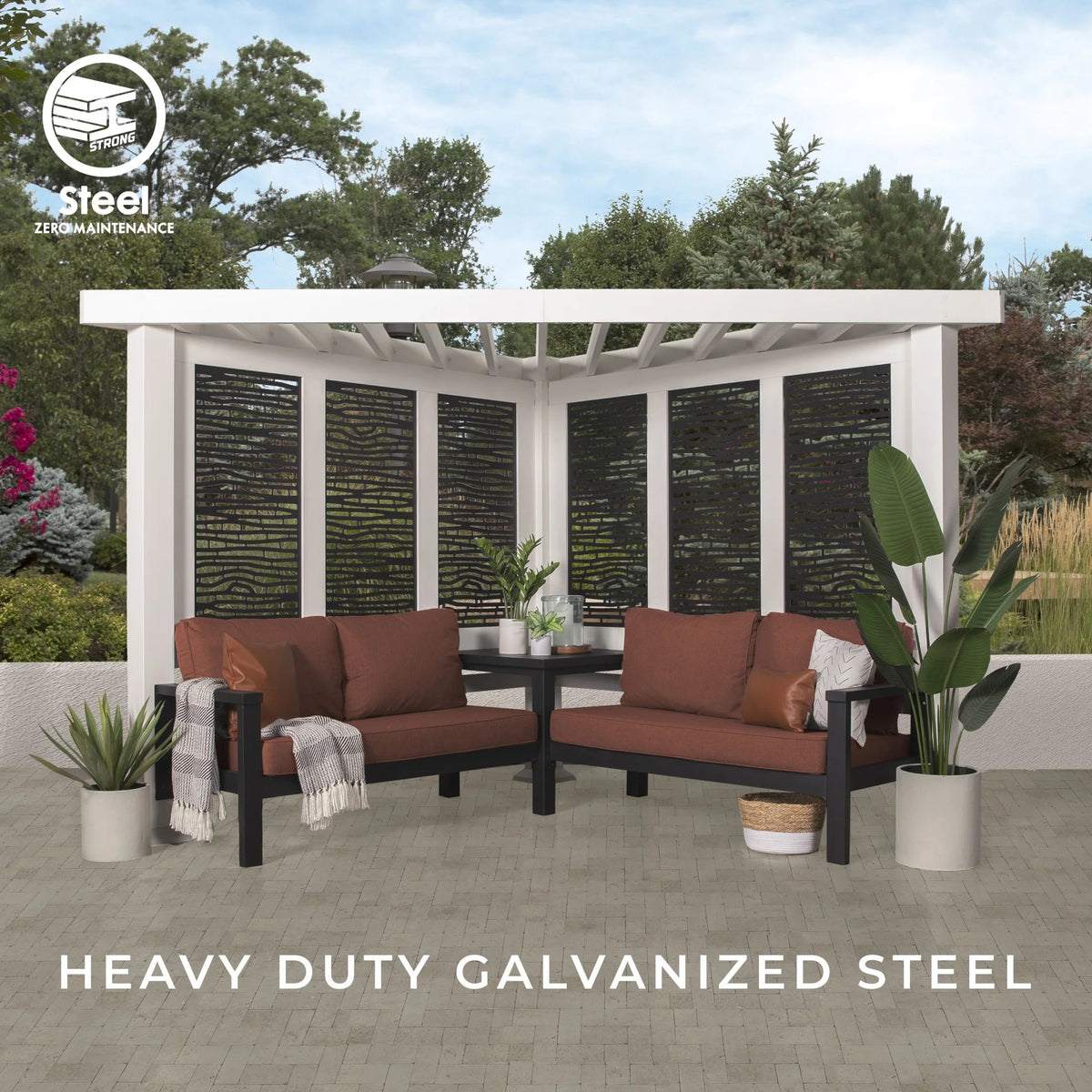 Backyard Discovery Galvanized Steel Corner Pergola With Seating, White, 12x8' - Ridgedale