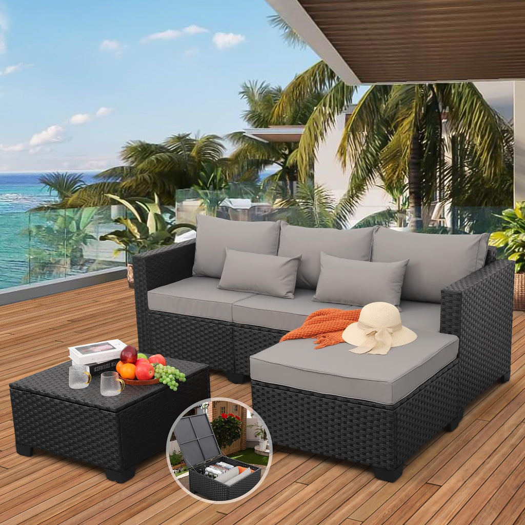 Rattaner 3-Piece Patio Furniture Set With Ottoman And Outdoor Storage Table - Black Wicker, Grey Cushions