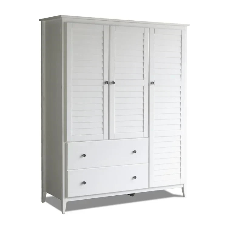 Solid Pine Wood Armoire, 3 Doors, 2 Drawers, 5 Shelves, 73.75 in H x 59.5 in W x 21.5 in D