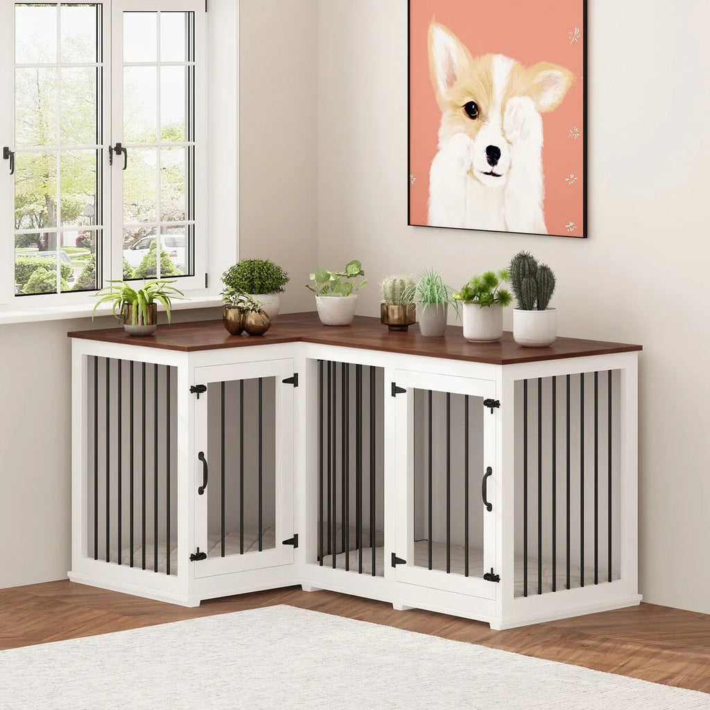 L Shape Corner Dog Crate Furniture For 2 Dogs, 58.7X41.1