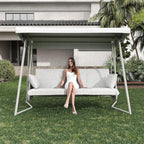 TQKVIPI 4 Person Outdoor Porch Swing Bed With Adjustable Backrest Canopy - 800 lbs Capacity