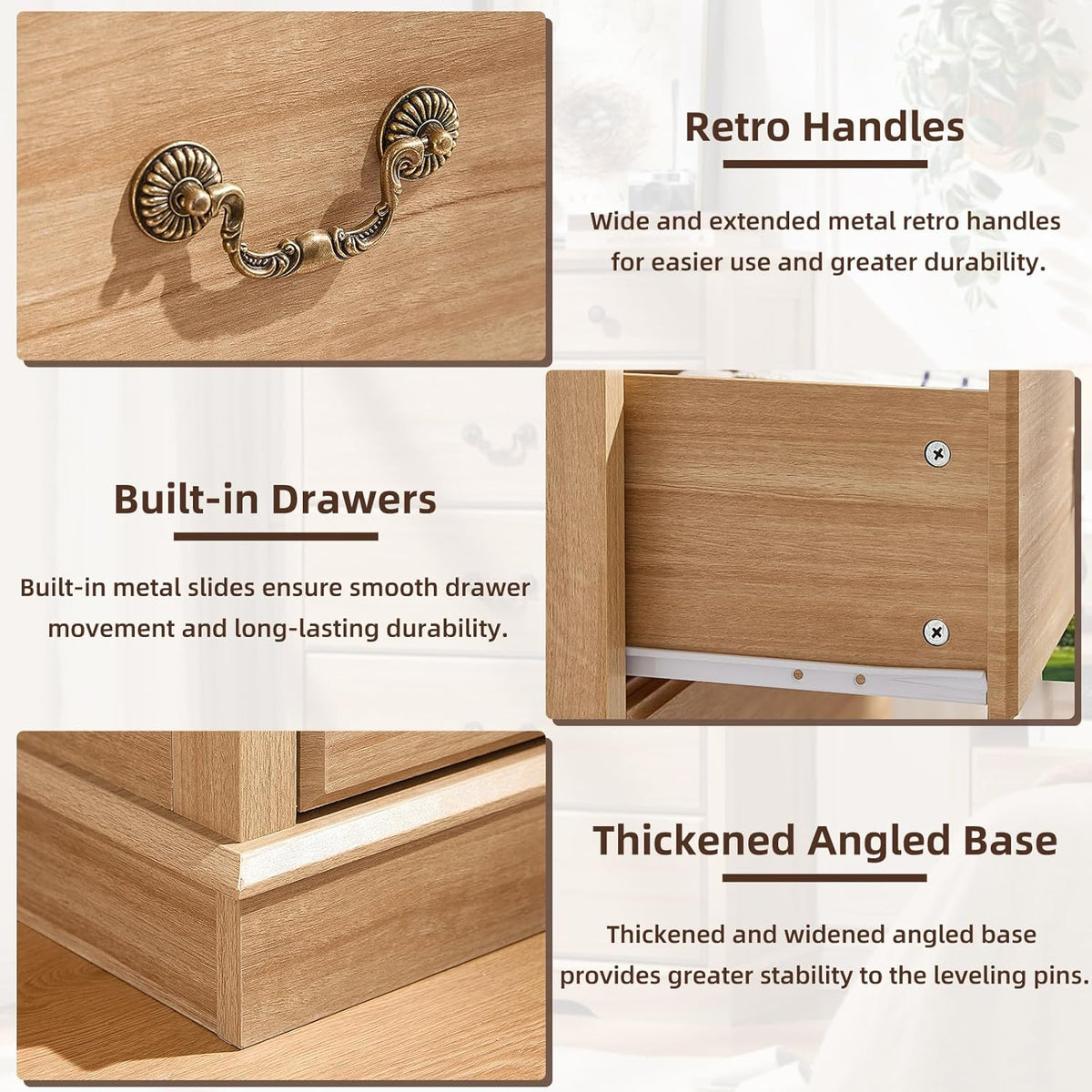 Farmhouse 6-Drawer Wood Dresser, Natural, 31.5 x 15.5 x 47 Inch