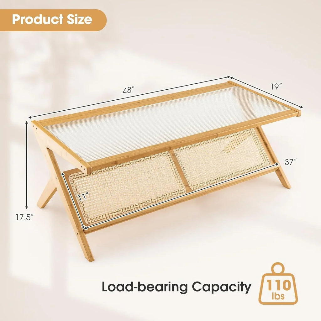 Bamboo 2-Tier Rectangular Coffee Table With Glass Tabletop And Rattan Storage Shelf - Natural