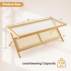 Bamboo 2-Tier Rectangular Coffee Table With Glass Tabletop And Rattan Storage Shelf - Natural