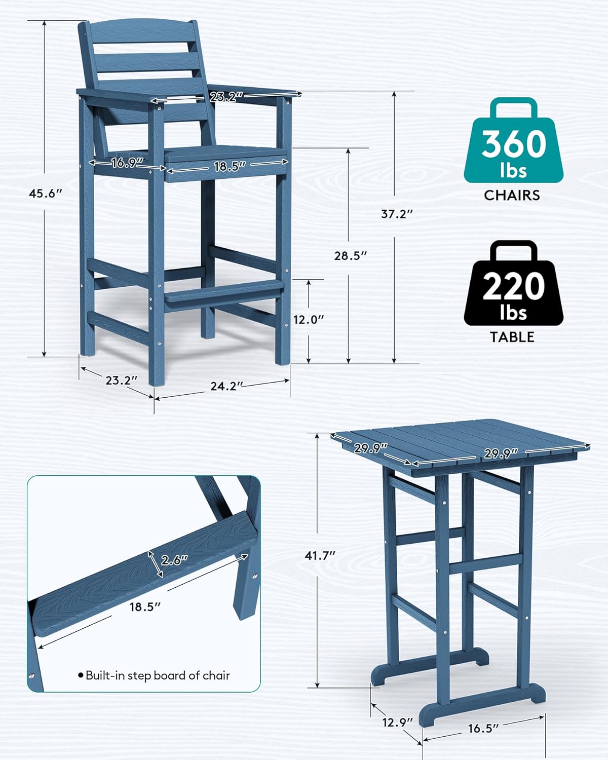 SERWALL 3-Piece Adirondack Bar Height Chair And Table Set, Blue