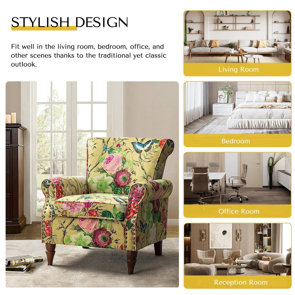 14 Karat Home Wingback Accent Chair, Floral Upholstery, Mustard, 30 x 31 x 32.5 in