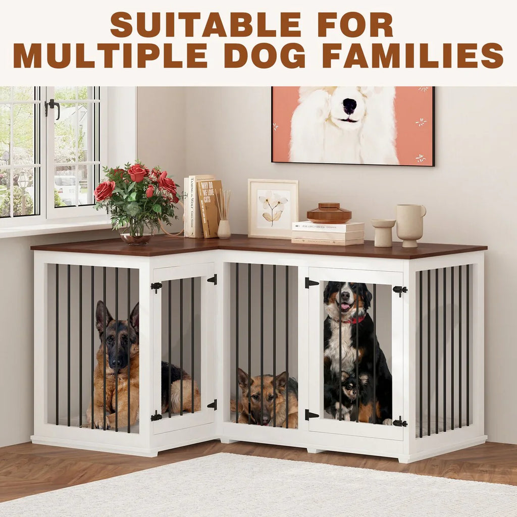 L Shape Corner Dog Crate Furniture For 2 Dogs, 58.7X41.1
